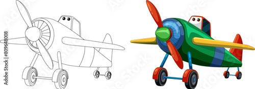 Two stylized cartoon airplanes, one colorful, one line art