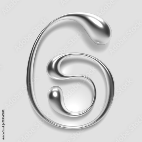 3D chrome number six, numeral 6 in dripping liquid metal with glossy shiny reflective surface. Abstract molten silver alloy shape. Isolated vector for Y2K and retro futurism fonts, typography