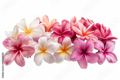 Assorted white  colorful  and pink plumeria flowers arranged in clusters on a white background.
