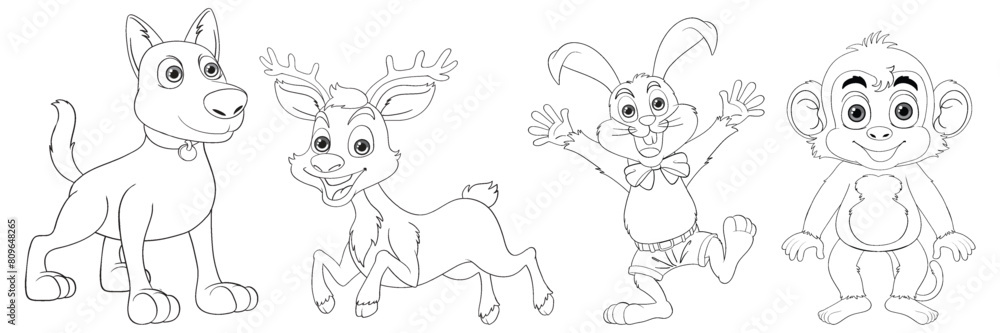Line drawing of a dog, deer, rabbit, and monkey Line drawing of a dog, deer, rabbit, and monkey