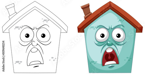 Two cartoon houses with vivid facial expressions
