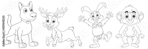 Line drawing of a dog  deer  rabbit  and monkey