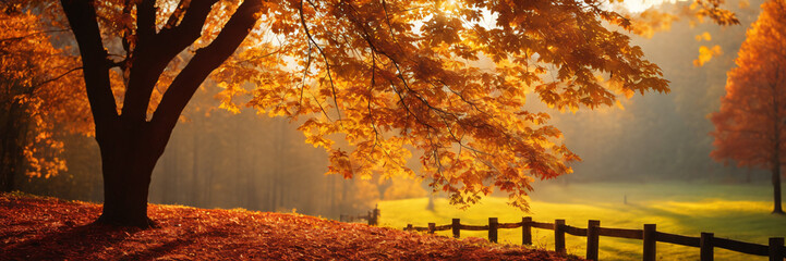 Red autumn foliage explodes in a row of trees on a country lane on a sunny fall day