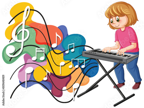Vector illustration of a girl playing an electronic keyboard