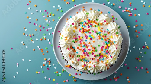 Birthday cake top view with colorful sprinkles