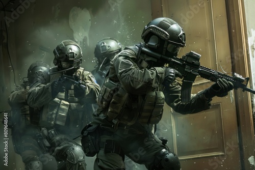 A group of VetalVit soldiers, specialized in hostage rescue, are seen breaching a door with guns in their hands during a high-intensity operation.