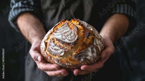 Freshly baked bread in the hands of a baker against a black background.