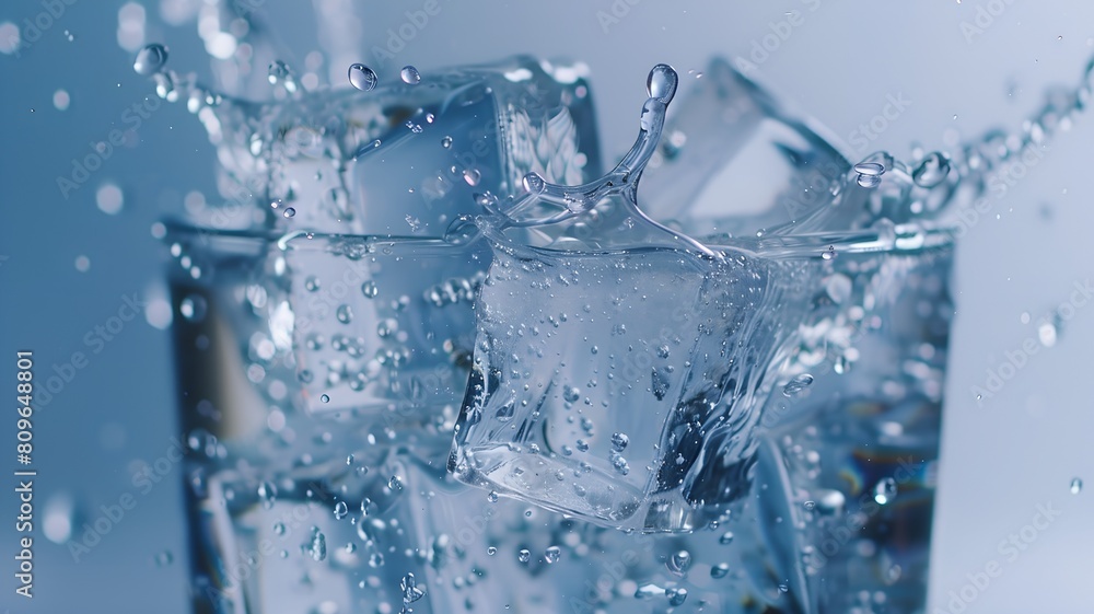 A clear close-up of ice cubes flying around in a glass, water droplets in motion A clear close-up of ice cubes flying around in a glass, water droplets in motion