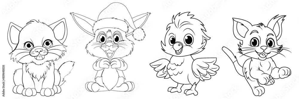 Fototapeta premium Four cartoon animals, including a festive bunny