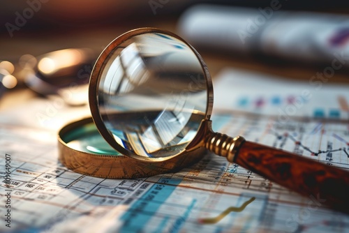 Business audit stock financial finance management on analysis data strategy with magnifying glass, magnifying glass on paper, AI generated