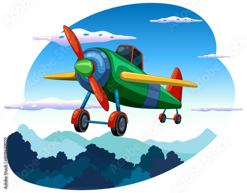 Vector illustration of a vibrant airplane above trees