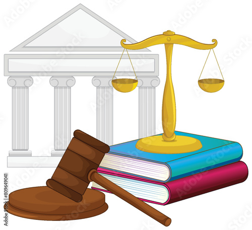 Illustration of justice scales, gavel, and books