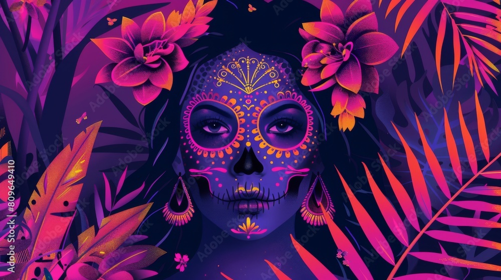 Vibrant and colorful illustration of a Day of the Dead sugar skull Vibrant and colorful illustration of a Day of the Dead sugar skull