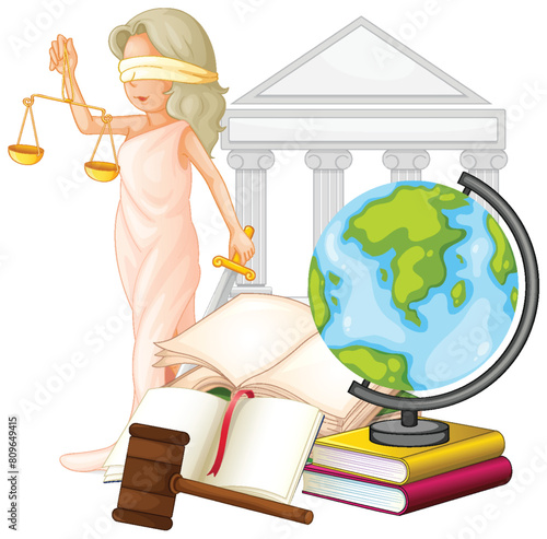 Lady Justice with globe, scales, and legal books