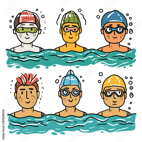 Six cartoon swimmers illustrated swim caps goggles swimming blue water, character has unique cap colors different hairstyles beneath, suggesting diversity. Friendly smiling faces indicate