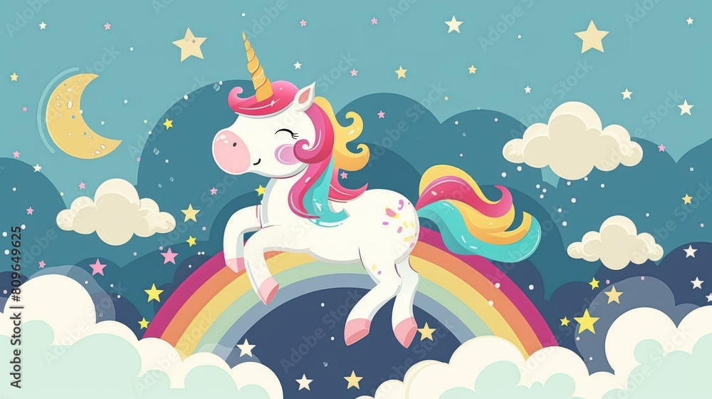 A unicorn on a rainbow in the clouds with stars. Modern illustration. Cute character for children's design, postcards, etc. A unicorn on a rainbow in the clouds with stars. Modern illustration. Cute character for children's design, postcards, etc.