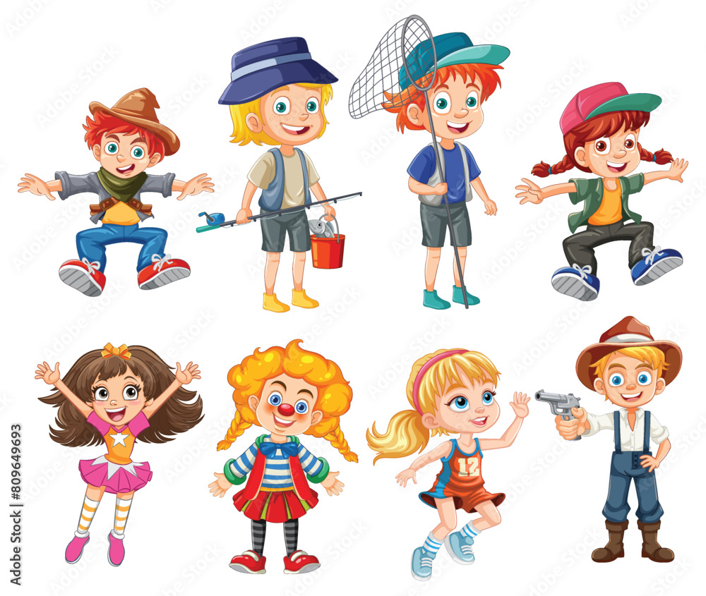 Colorful vector illustrations of children in costumes