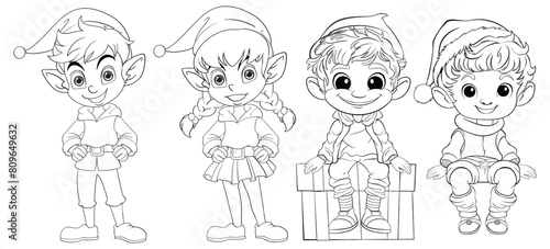 Four playful elves in various cheerful poses