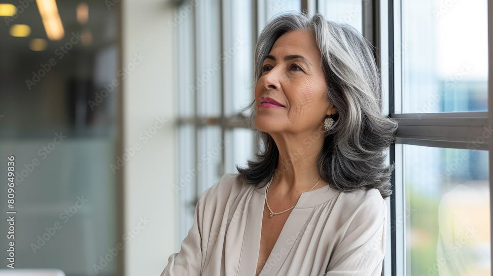 copy space, stockphoto, successful middle aged mature professional latin business woman looking out of an office window. Succesful hispanic business woman, thinking, looking outside. copy space, stockphoto, successful middle aged mature professional latin business woman looking out of an office window. Succesful hispanic business woman, thinking, looking outside.