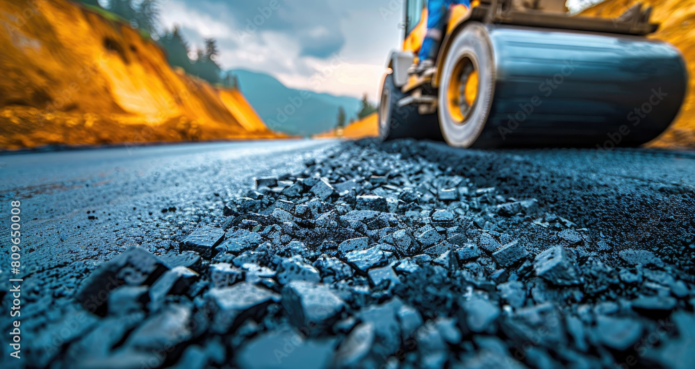 Construction site is laying new asphalt road pavement,road construction workers and road construction, asphalt roller working Construction site is laying new asphalt road pavement,road construction workers and road construction, asphalt roller working