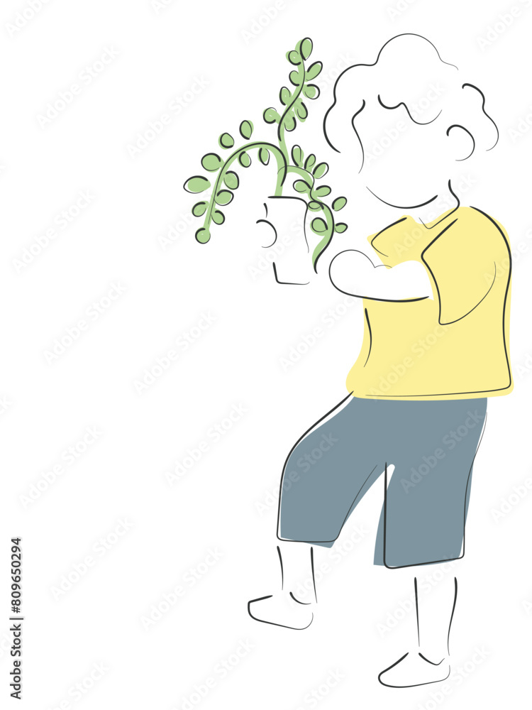 Hand drawn line art vector of little kid holding a plant pot. gardening and planting plants. Kids outdoor activity poster. Hand drawn line art vector of little kid holding a plant pot. gardening and planting plants. Kids outdoor activity poster.