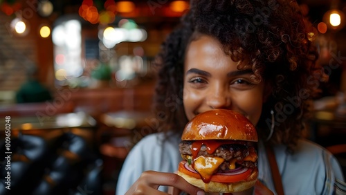 A young African American woman happily eating a burger in a cafe. Concept Portrait Photography  Food Photography  Lifestyle Content  Cultural Perspective  Indoor Settings