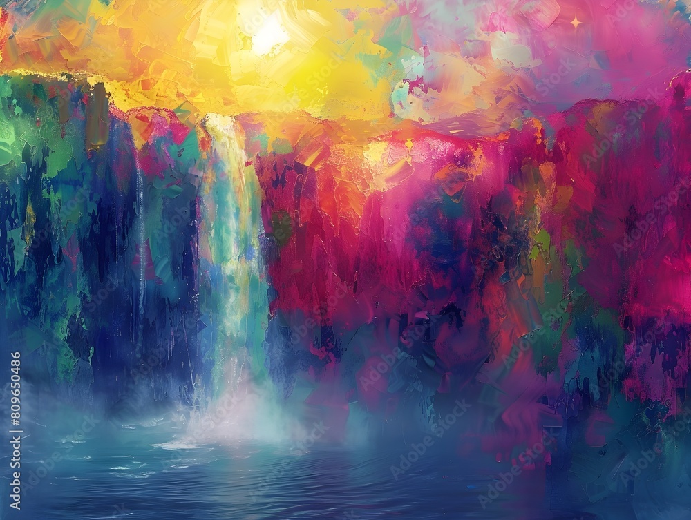 Ethereal Waterfall Yoga Sequence in Vibrant Digital Impressionism