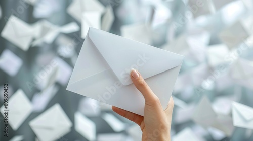As white envelopes fall to the ground, a female hand holds an envelope photo