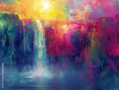 Ethereal Waterfall Yoga Sequence in Vibrant Digital Impressionism