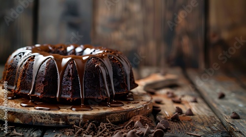 Delicious dessert dark chocolate bundt cake topped with ganache glaze on rustic wooden background