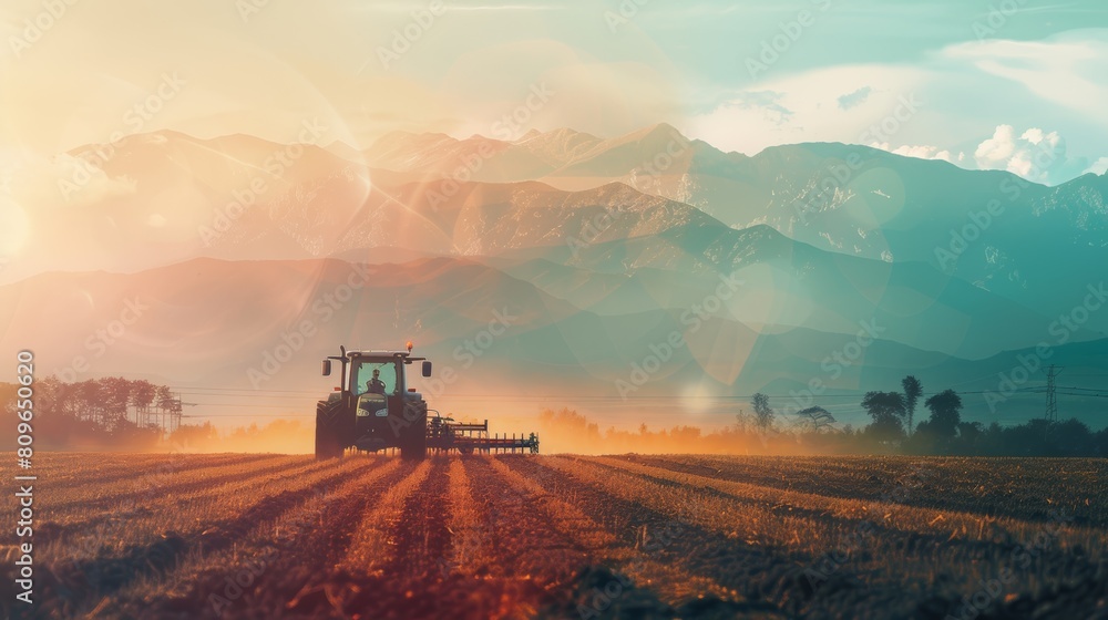 Fototapeta premium A double exposure of a tractor plowing a field, its silhouette merging with a majestic mountain range, showcasing the power of agriculture against a grand backdrop.