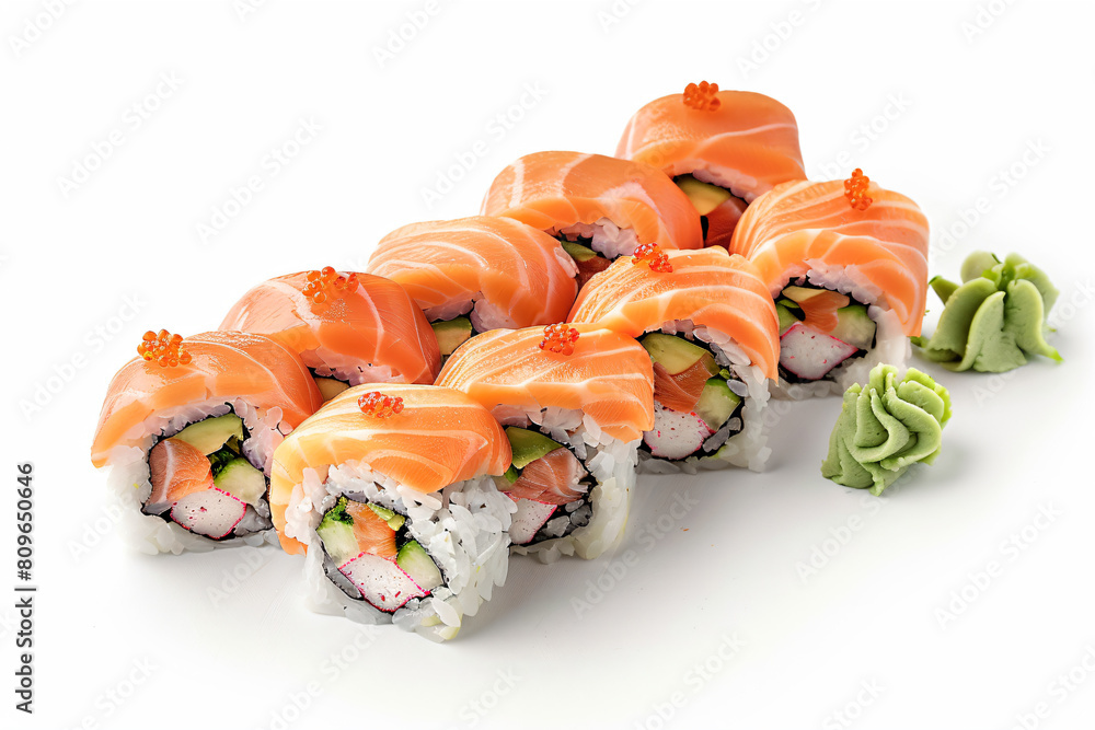 a plate of sushi with a piece of broccoli a plate of sushi with a piece of broccoli
