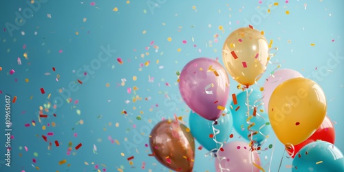 Vibrant balloons rising amidst a flurry of confetti suggesting celebration and joy on a clear blue background