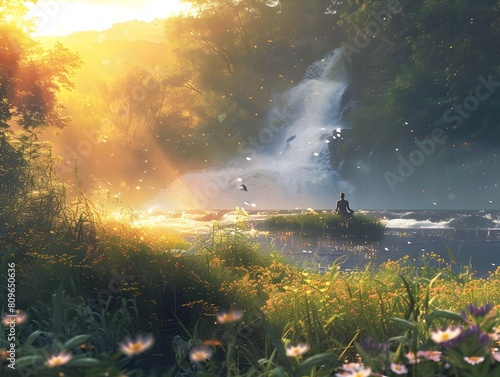 Serene Waterfall Cascade Amidst Lush Woodland Foliage and Blooming Wildflowers Yogi Practicing Twist Pose in Tranquil Golden Hour Light