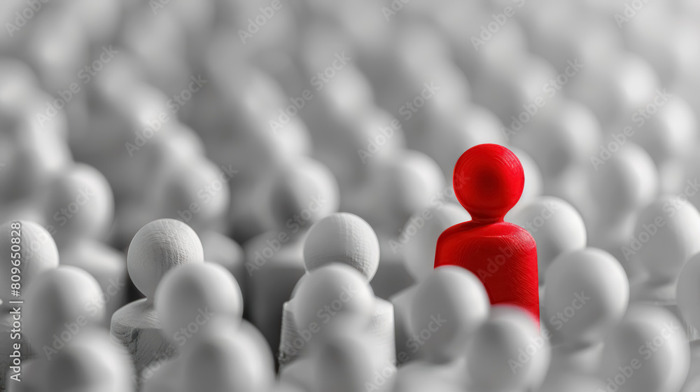 Fototapeta premium red figurine standing out in a crowd of white figurines, concept of uniqueness and individuality