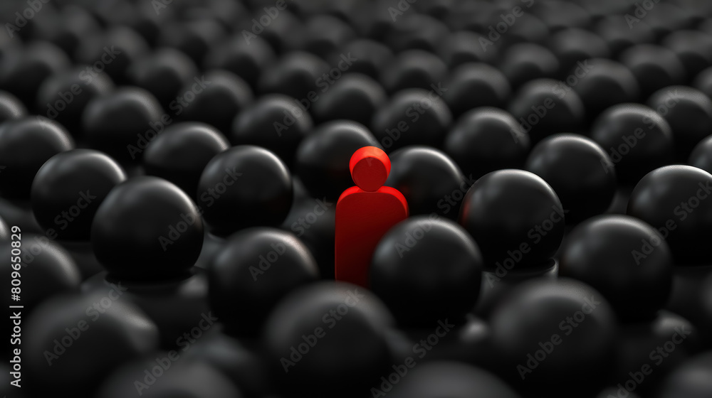 distinct red figure standing out among identical black figures, symbolizing individuality and leadership in a business context distinct red figure standing out among identical black figures, symbolizing individuality and leadership in a business context