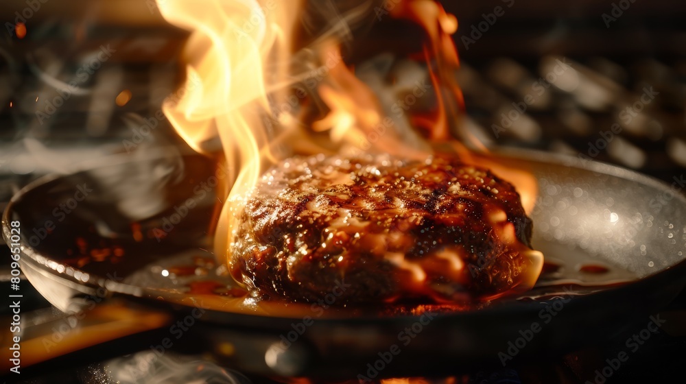 a perfectly grilled burger patty being flipped in a pan, the juices sizzling and caramelizing, creating a smoky aroma, illuminated by flickering flames. a perfectly grilled burger patty being flipped in a pan, the juices sizzling and caramelizing, creating a smoky aroma, illuminated by flickering flames.