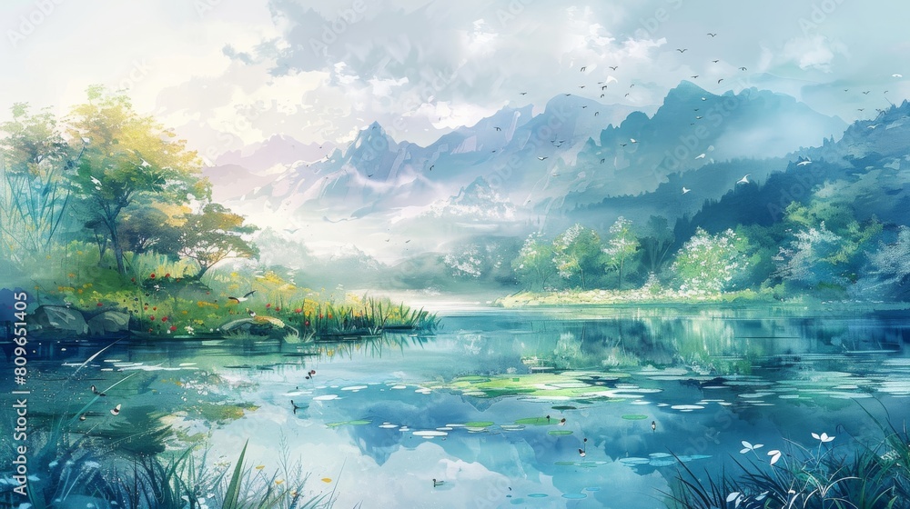 Watercolor style wallpaper a sense of serenity settles over the landscape, as nature's beauty unfolds in all its majesty.