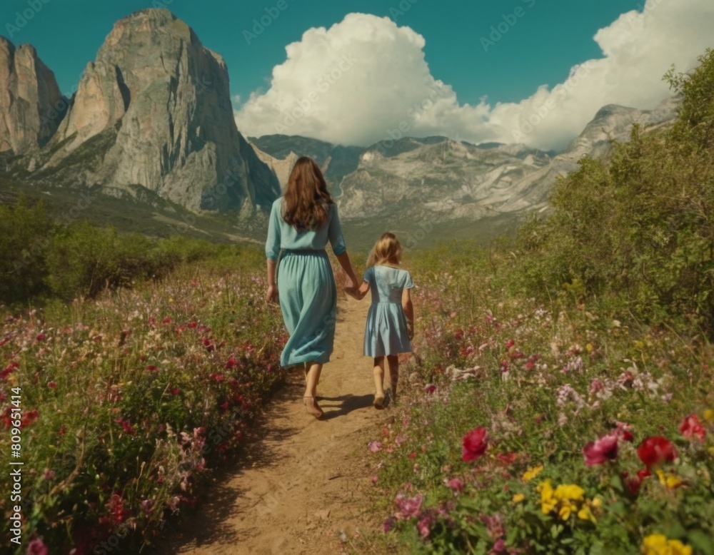 Fototapeta premium A woman and a child are walking through a field of flowers