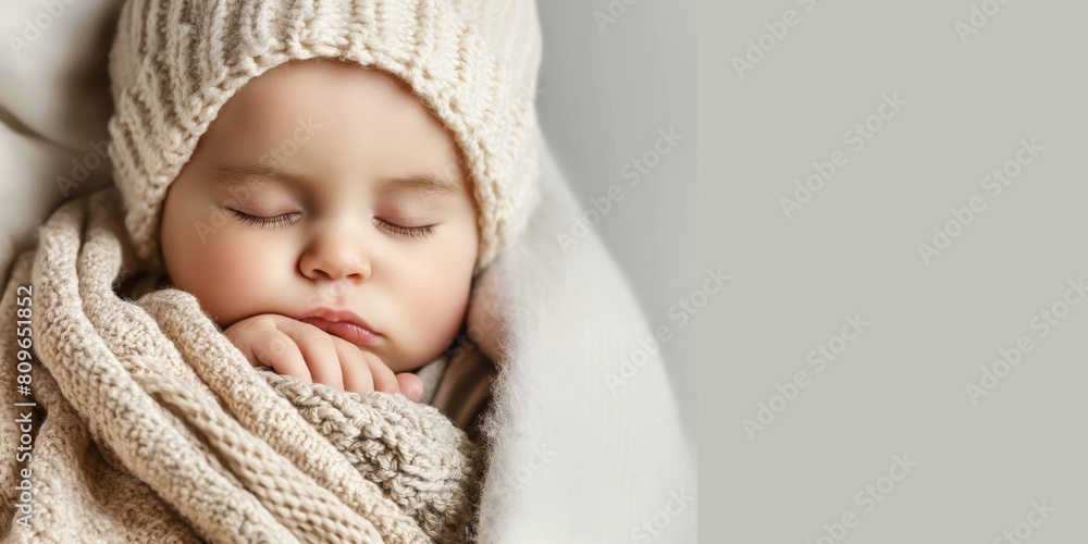 Peaceful infant sleeping soundly, wrapped in a warm knitted blanket and cap, evoking tenderness and care