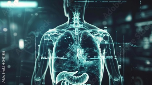 A futuristic chest Xray of a healthy man, displaying lungs, heart, spine, clavicle, and diaphragm, enhanced with cybercore aesthetics, showcasing advanced diagnostic imaging