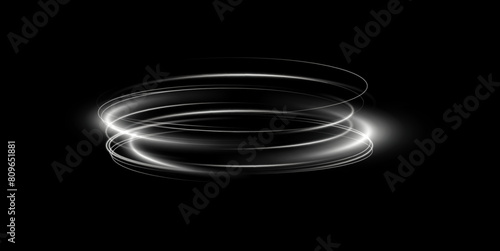 Abstract vector white light lines swirling in a spiral. Light simulation of line movement. Light trail from the ring. Illuminated podium for promotional products. 