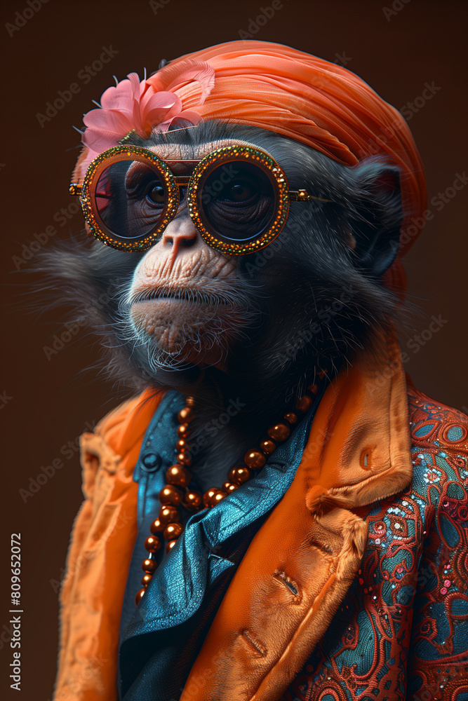 The Profile of A Monkey Dressed in Extravagant, Overly Ornate Attire Against A Single-Color Background