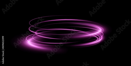 Abstract vector light lines swirling in a spiral. Light simulation of line movement. Light trail from the ring. Illuminated podium for promotional products. 