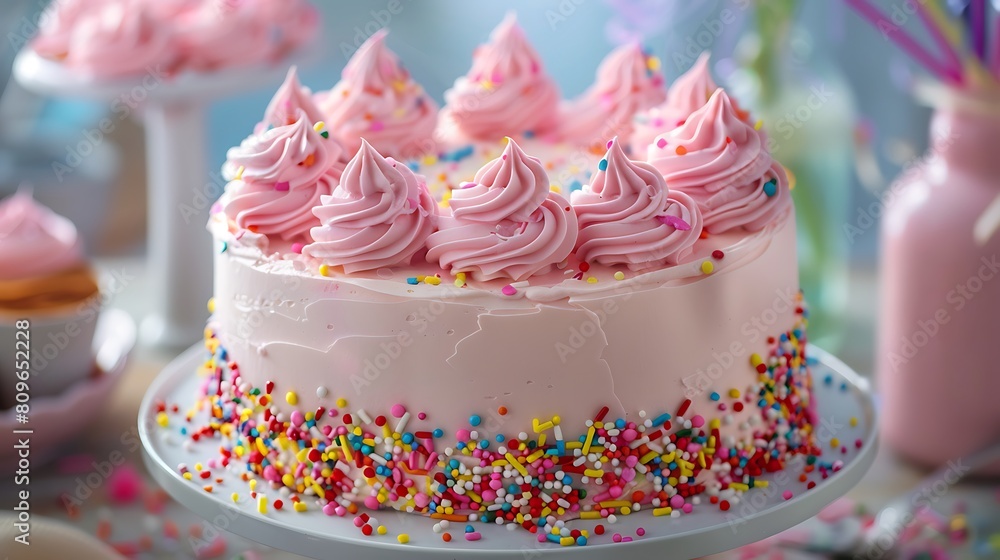 Pastel colored birthday cake with sprinkles and pink buttercream swirls Pastel colored birthday cake with sprinkles and pink buttercream swirls