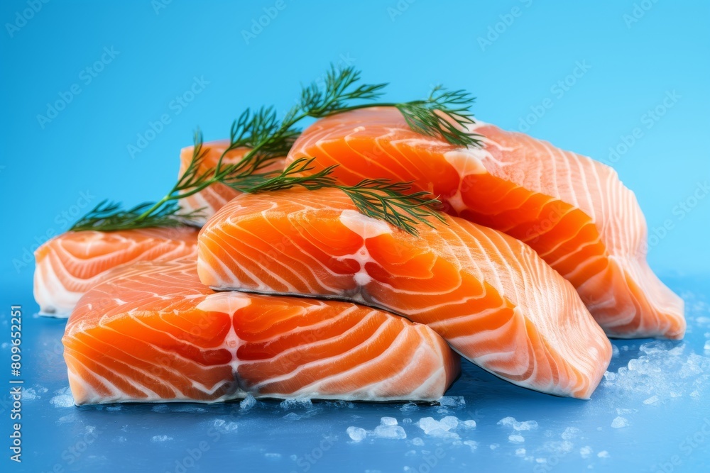 Chilled Slices Of Raw Salmon Topped With Herbs Ready For Cooking. Generative AI Chilled Slices Of Raw Salmon Topped With Herbs Ready For Cooking. Generative AI