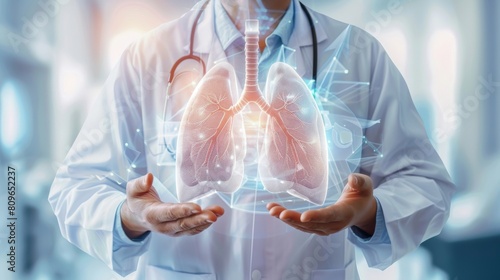 An image of a doctor wearing a white coat and holding lungs over his hands. Healthy lungs concept.