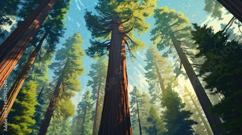 Majestic redwood forest watercolor illustration - Generative AI. Forest, pines, tall, blue, sky.