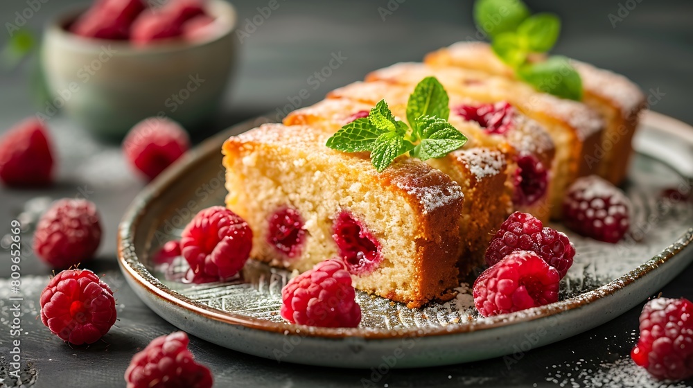 Pieces of homemade raspberry cake on a plate with fresh raspberry berries and mint Pieces of homemade raspberry cake on a plate with fresh raspberry berries and mint