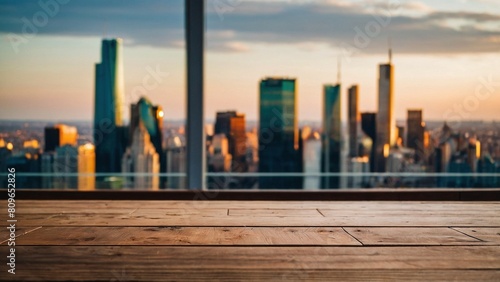 Empty wooden table for mockups. Outdoor exposition exhibit platform. Unoccupied wooden table in the megapolis city, perfect for lifestyle themed presentations.